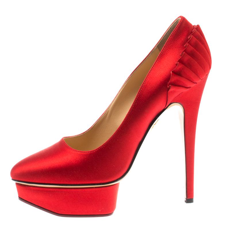 Charlotte Olympia Red Satin Paloma Fan Pleat Platform Pumps Size 38.5 2