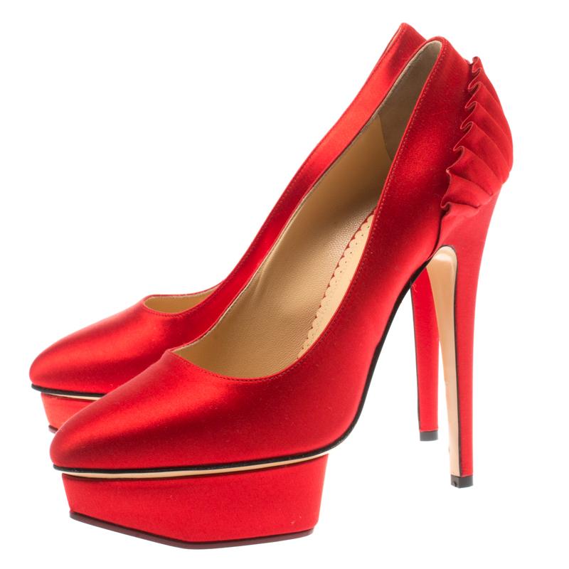 Charlotte Olympia Red Satin Paloma Fan Pleat Platform Pumps Size 38.5 3