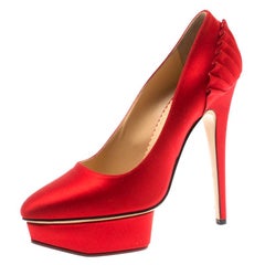 Charlotte Olympia Red Satin Paloma Fan Pleat Platform Pumps Size 38.5