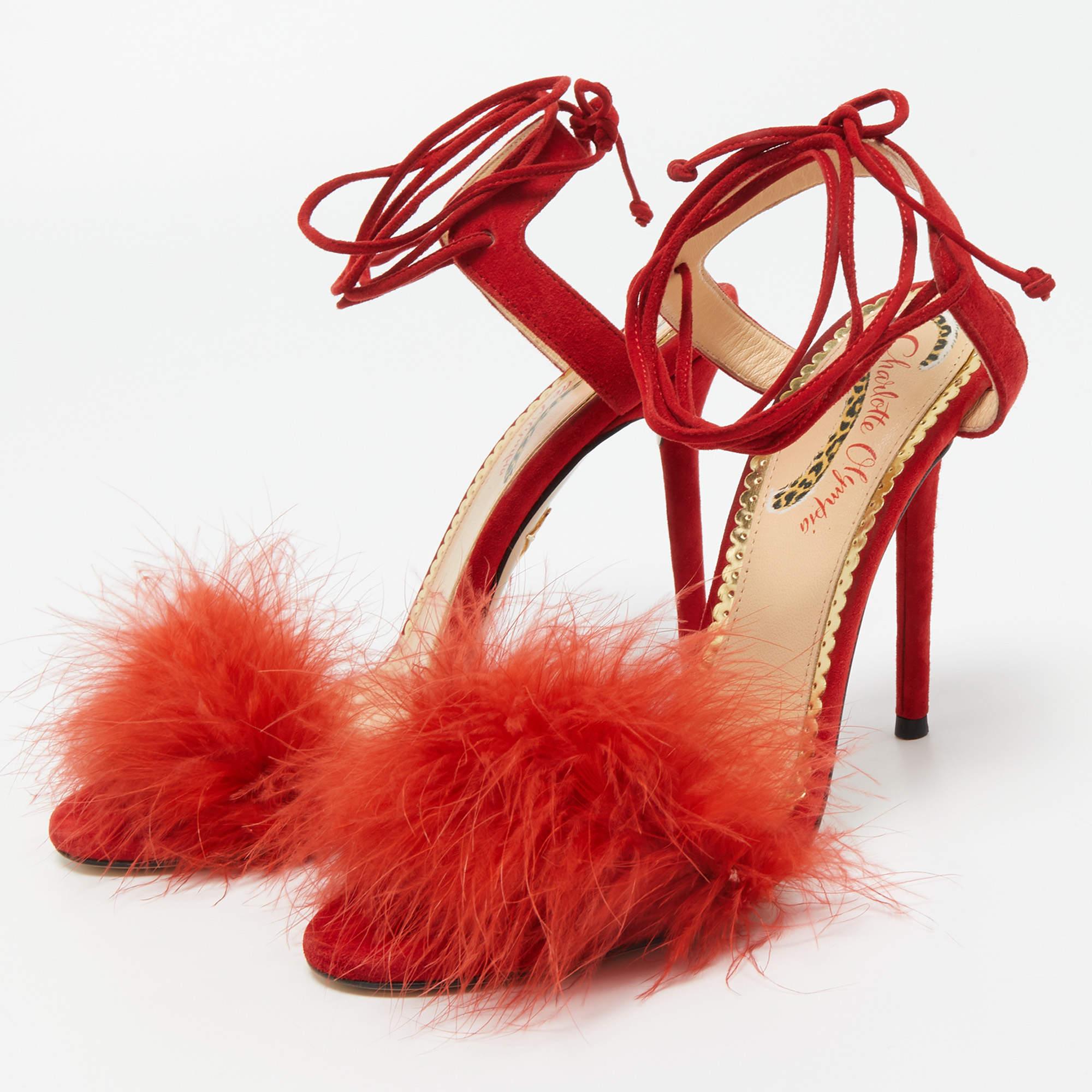 Women's Charlotte Olympia Red Suede and Fur Salsa Ankle Wrap Sandals Size 38.5