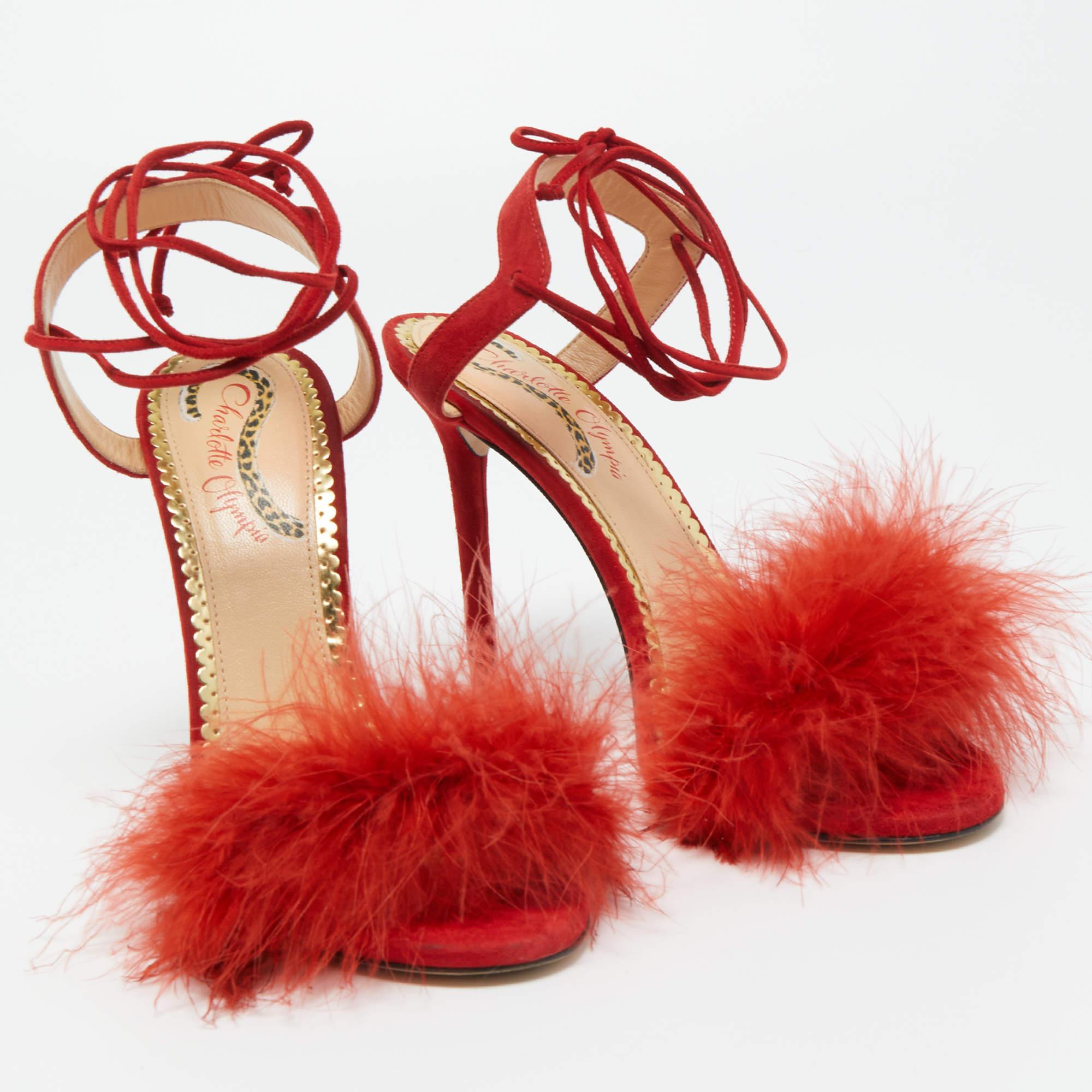 Charlotte Olympia Red Suede and Fur Salsa Ankle Wrap Sandals Size 38.5 1