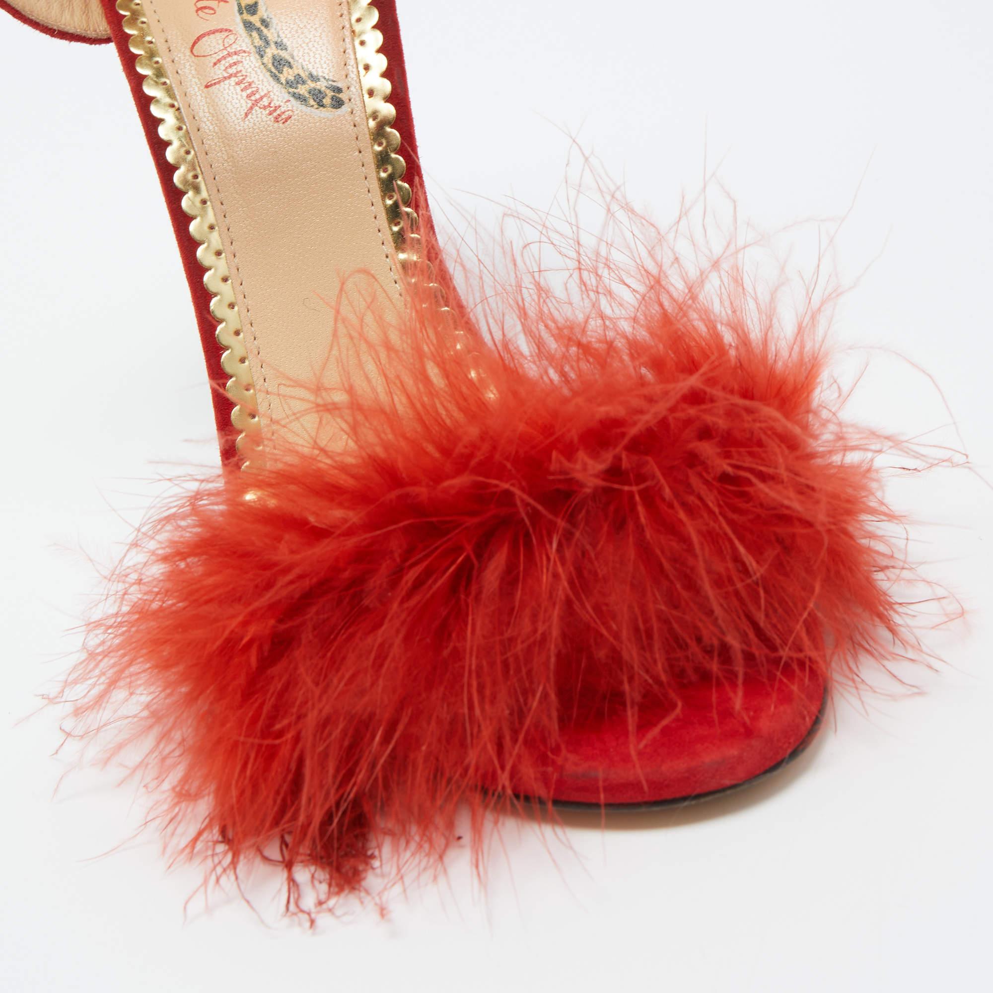 Charlotte Olympia Red Suede and Fur Salsa Ankle Wrap Sandals Size 38.5 2