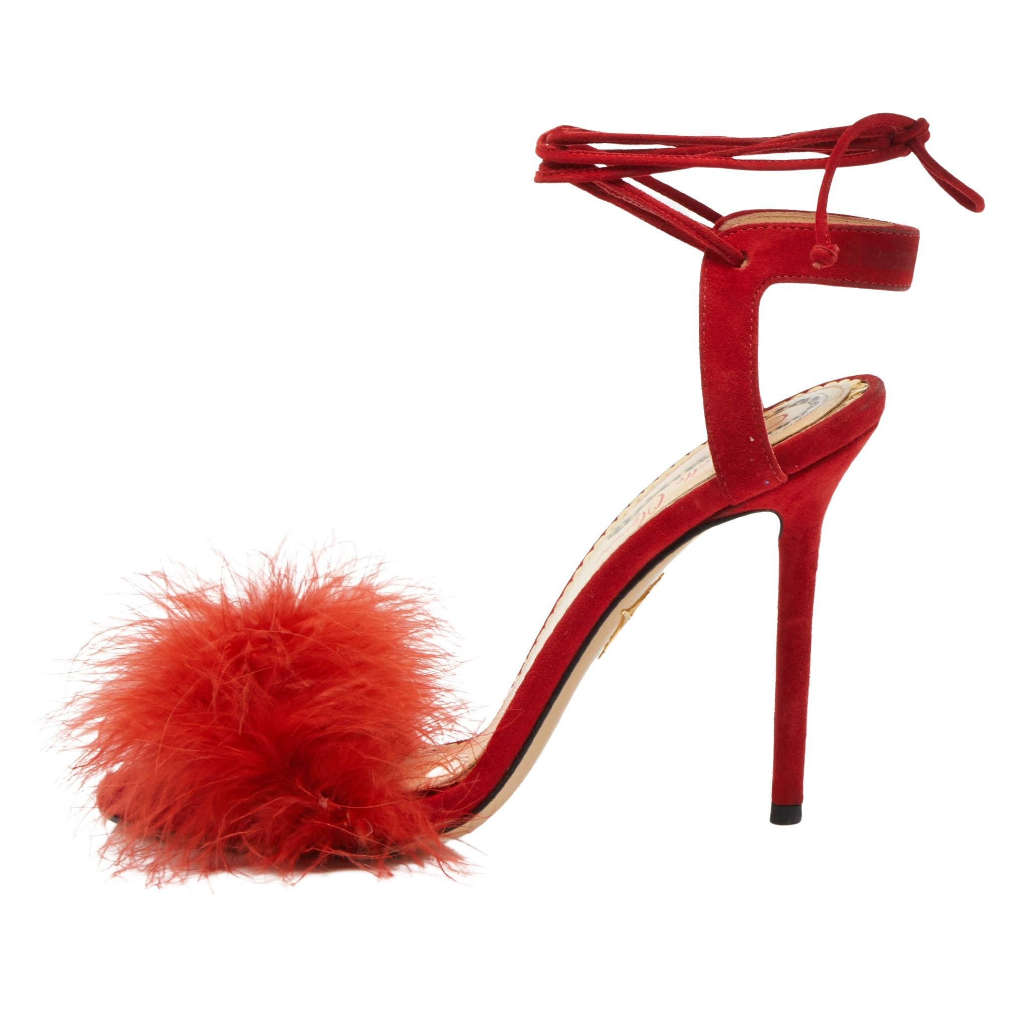 Charlotte Olympia Red Suede and Fur Salsa Ankle Wrap Sandals Size 38.5