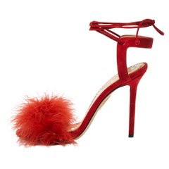 Charlotte Olympia Red Suede and Fur Salsa Ankle Wrap Sandals Size 38.5