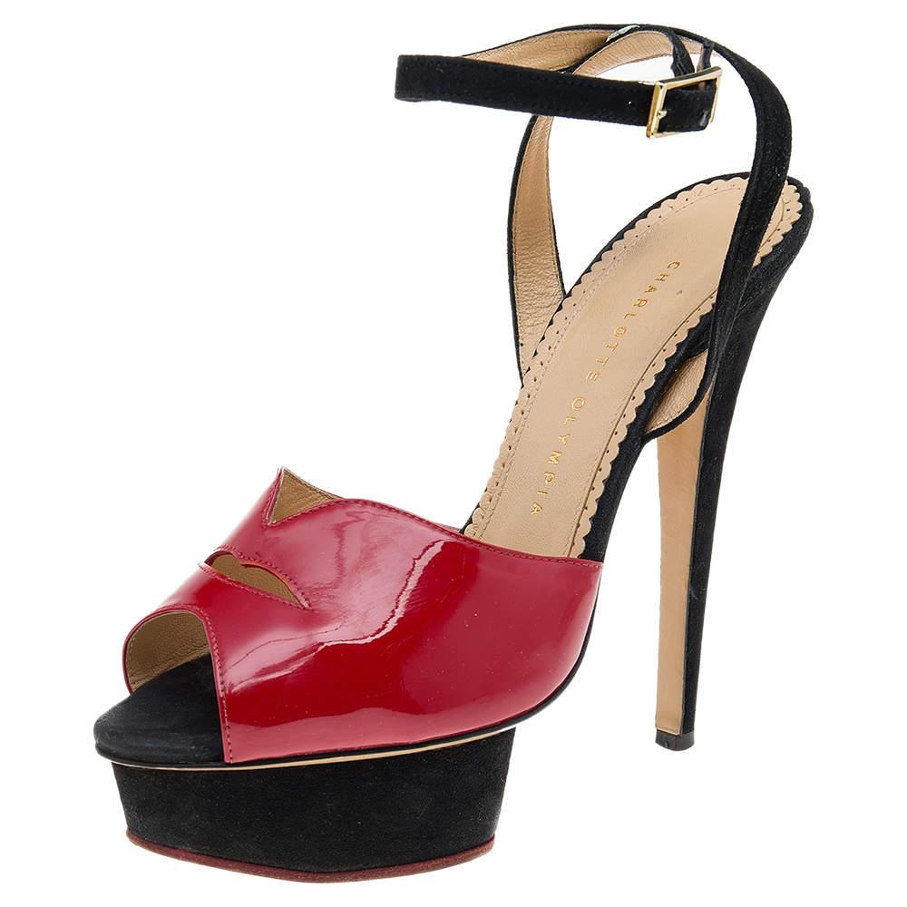 Women's Charlotte Olympia Red Suede And Patent Leather Platform Sandals Size 39.5 For Sale