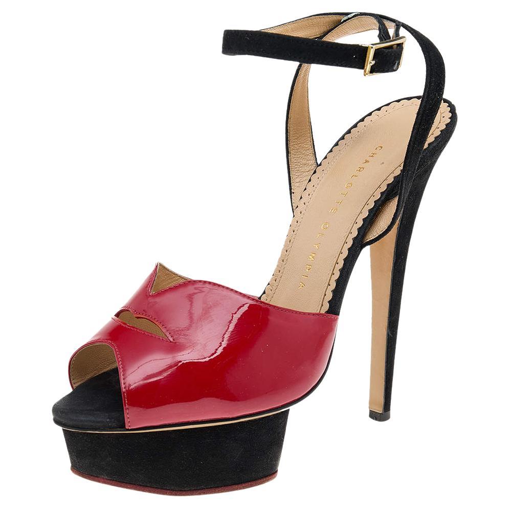 Charlotte Olympia Red Suede And Patent Leather Platform Sandals Size 39.5 For Sale