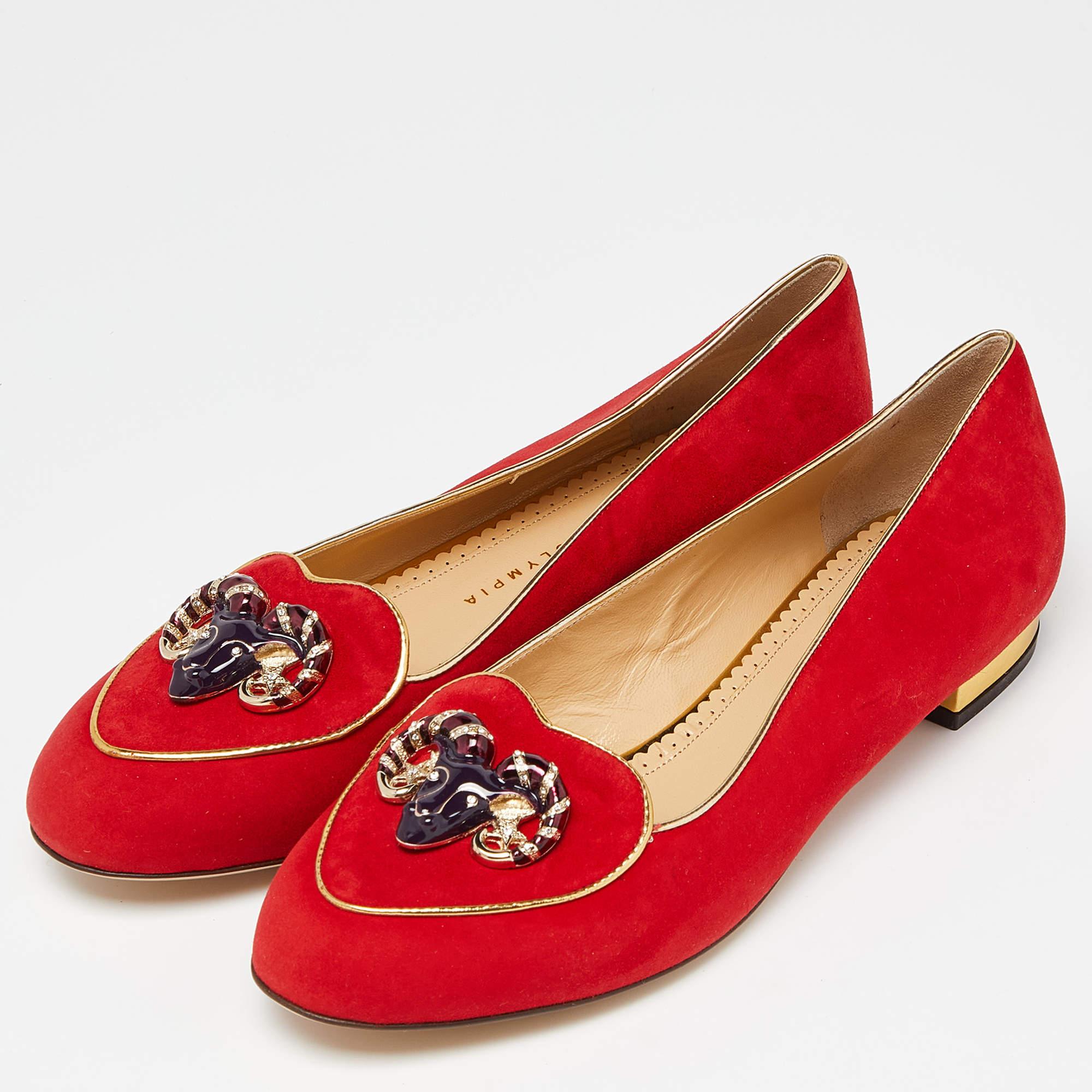 We love these Charlotte Olympia smoking slippers from the Cosmic collection. Made from red-colored suede, they feature Aries bull zodiac symbols that are embellished.

Includes: Original Dustbag