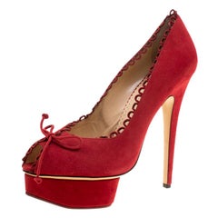 Charlotte Olympia Red Suede Daphne Scalloped Peep Toe Platform Pumps Size 40.5