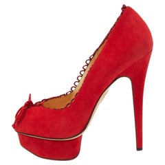 Charlotte Olympia Red Suede Daphne Scalloped Trim Peep Toe Platform Pumps Size 4