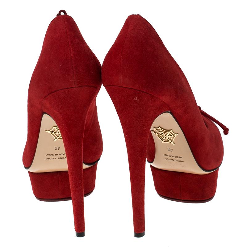 Charlotte Olympia Red Suede Daphne Scalloped Trim Peep Toe Platform  Size 40 1