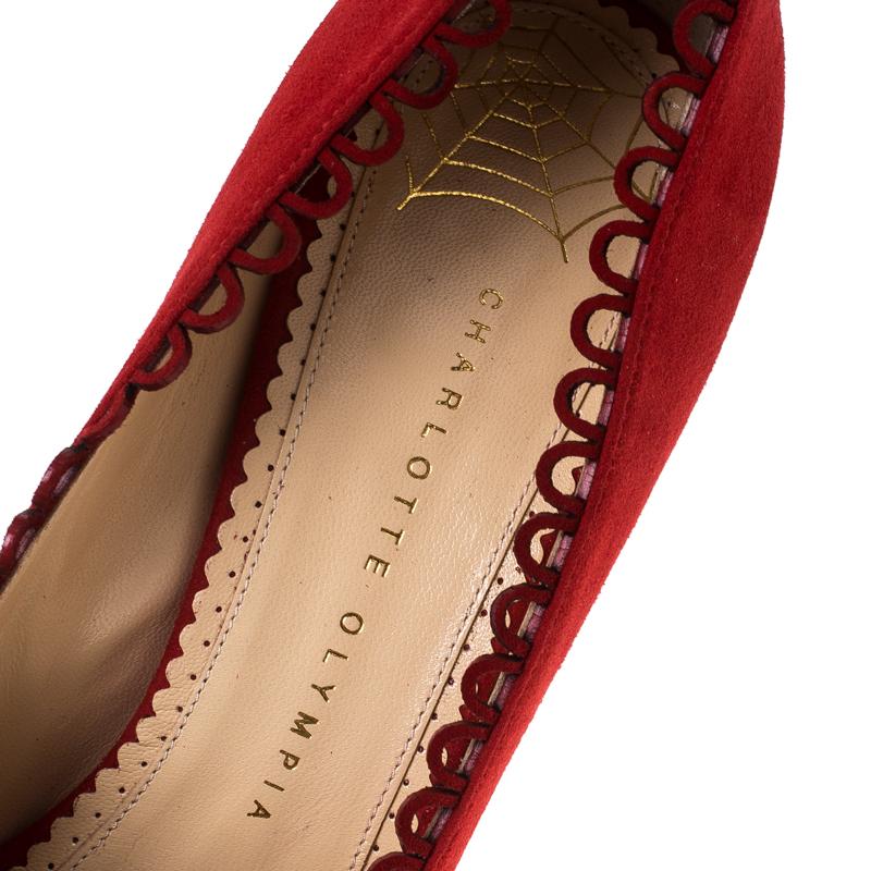 Charlotte Olympia Red Suede Daphne Scalloped Trim Peep Toe Platform  Size 40 2