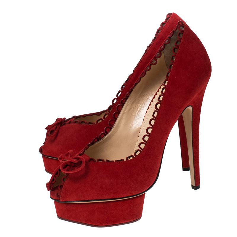 Charlotte Olympia Red Suede Daphne Scalloped Trim Peep Toe Platform  Size 40 3