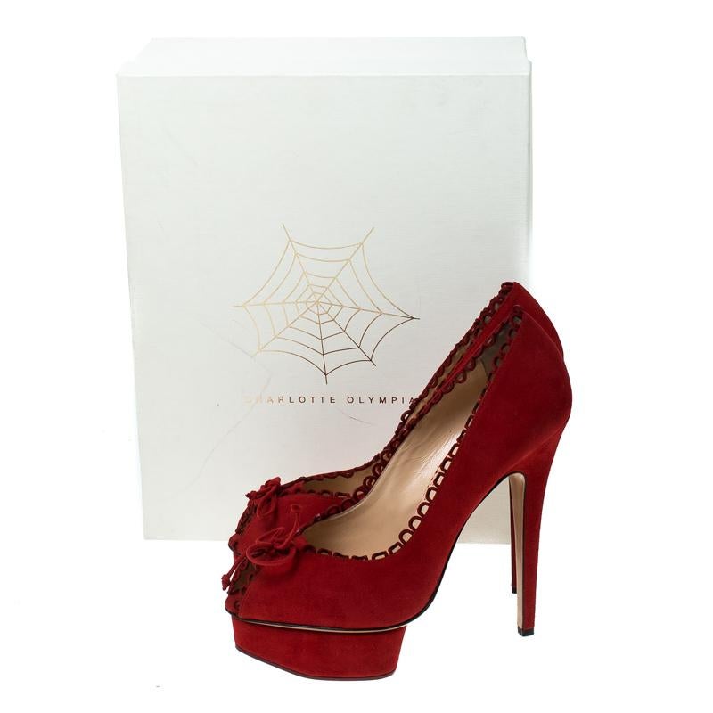 Charlotte Olympia Red Suede Daphne Scalloped Trim Peep Toe Platform  Size 40 4