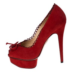 Charlotte Olympia Red Suede Daphne Scalloped Trim Peep Toe Platform  Size 40