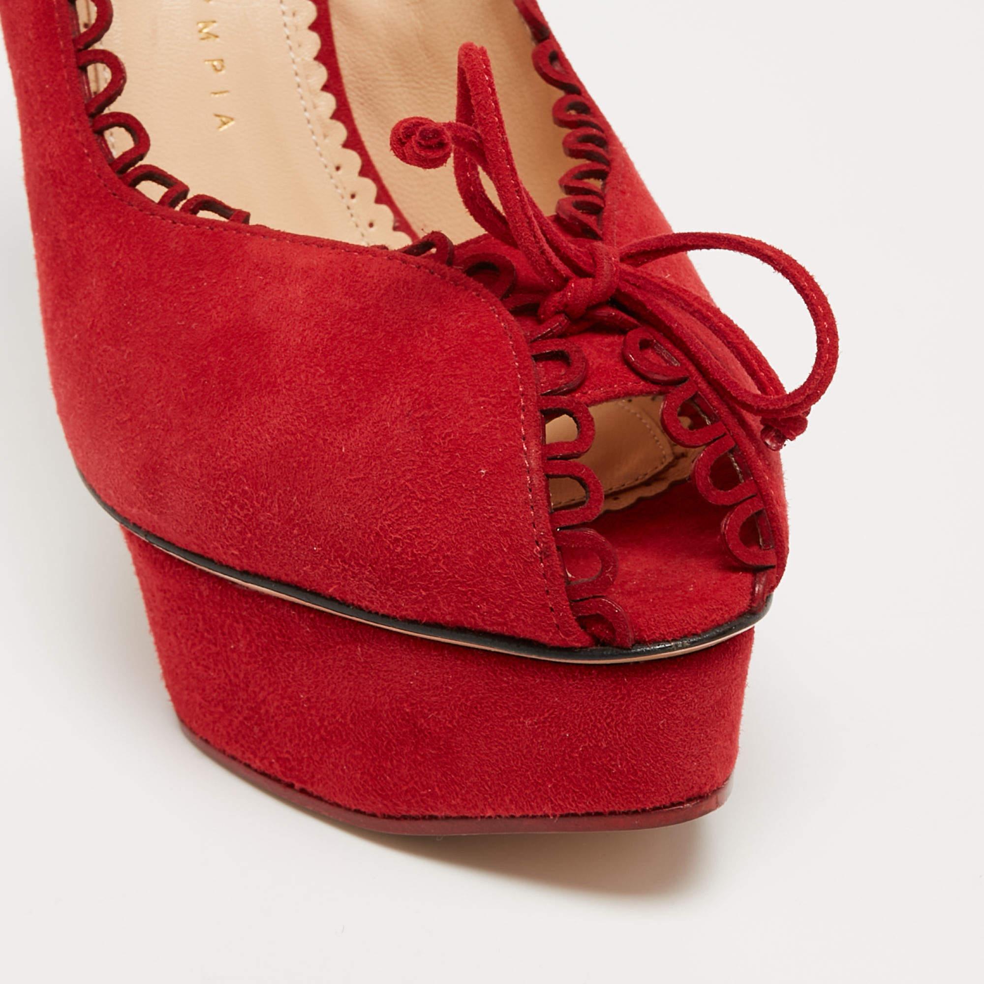 Charlotte Olympia Red Suede Daphne Scalloped Trim Peep ToePumps Size 40.5 For Sale 1