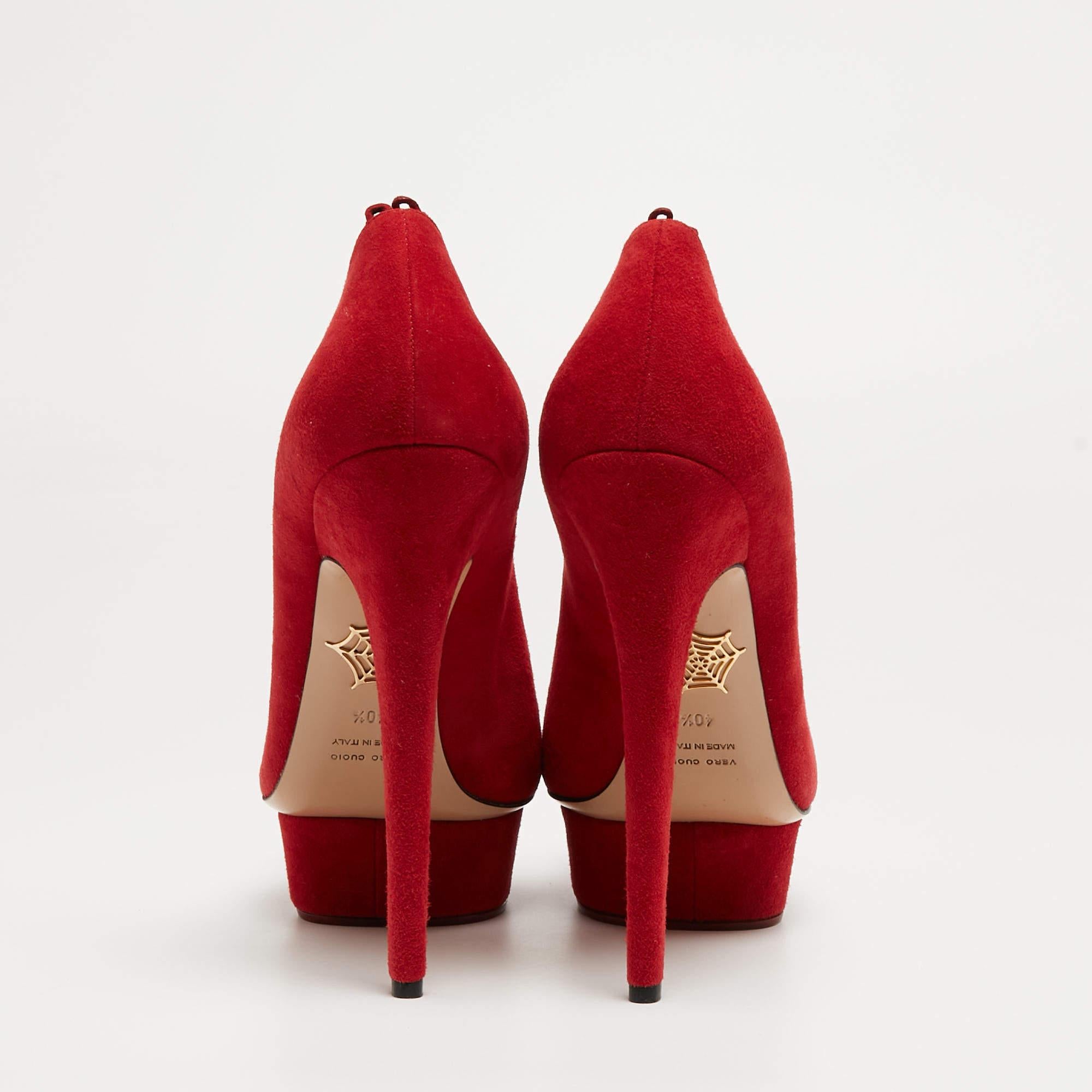 Charlotte Olympia Red Suede Daphne Scalloped Trim Peep ToePumps Size 40.5 For Sale 2