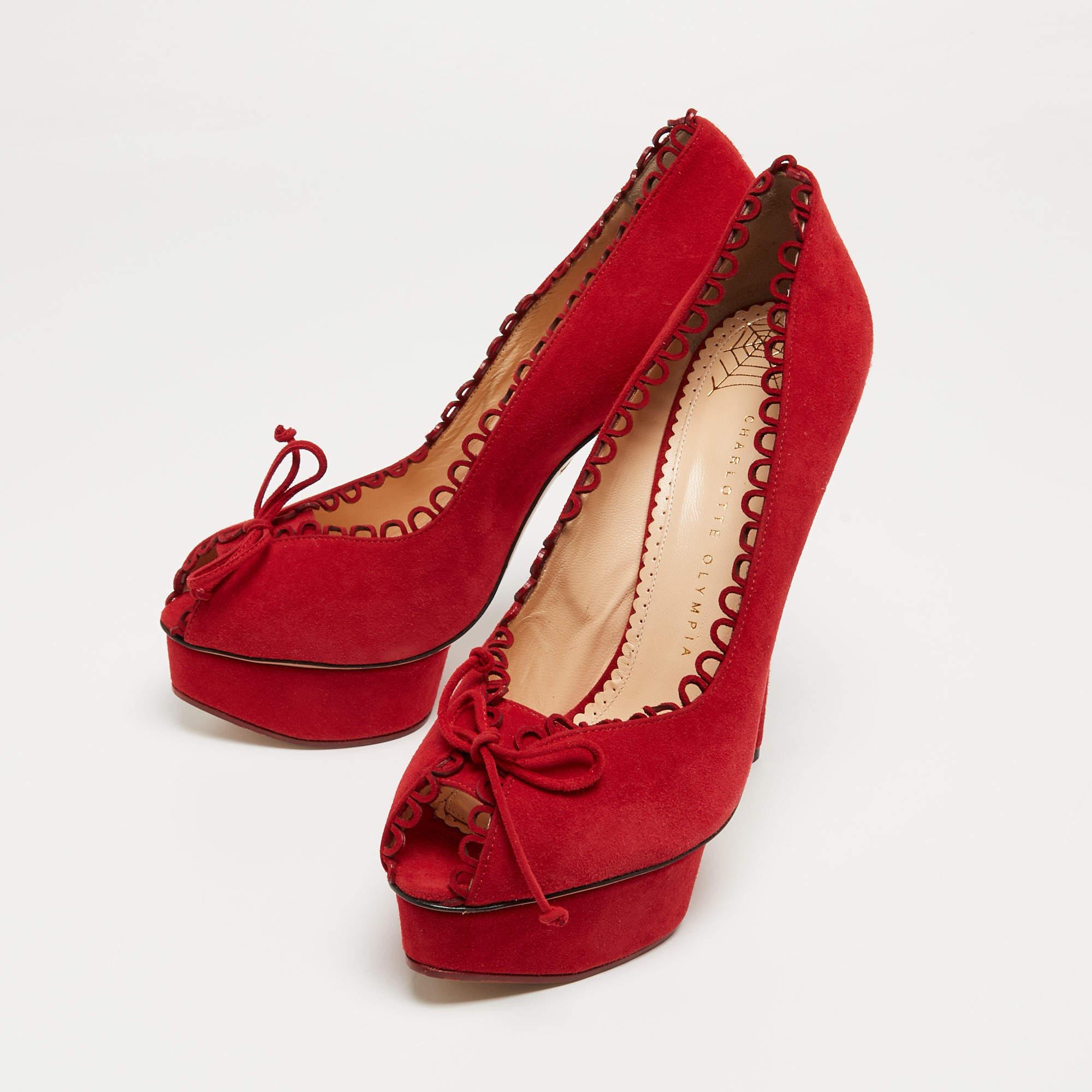 Charlotte Olympia Red Suede Daphne Scalloped Trim Peep ToePumps Size 40.5 For Sale 3