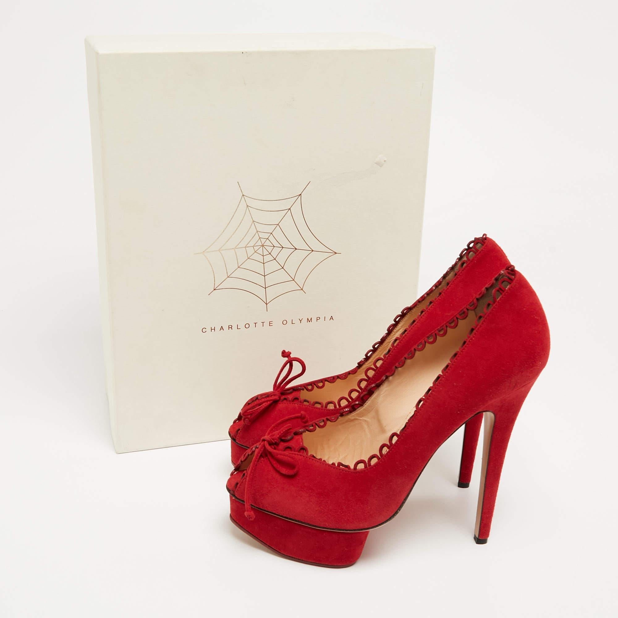 Charlotte Olympia Red Suede Daphne Scalloped Trim Peep ToePumps Size 40.5 For Sale 4
