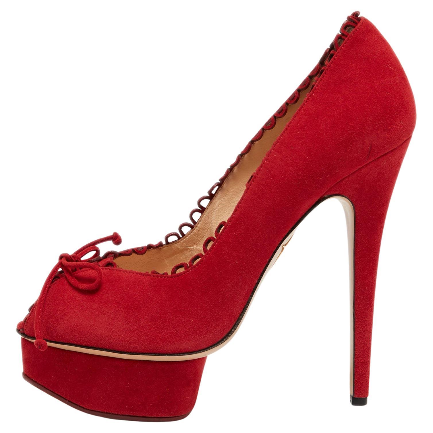 Charlotte Olympia Red Suede Daphne Scalloped Trim Peep ToePumps Size 40.5 For Sale