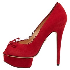 Used Charlotte Olympia Red Suede Daphne Scalloped Trim Peep ToePumps Size 40.5