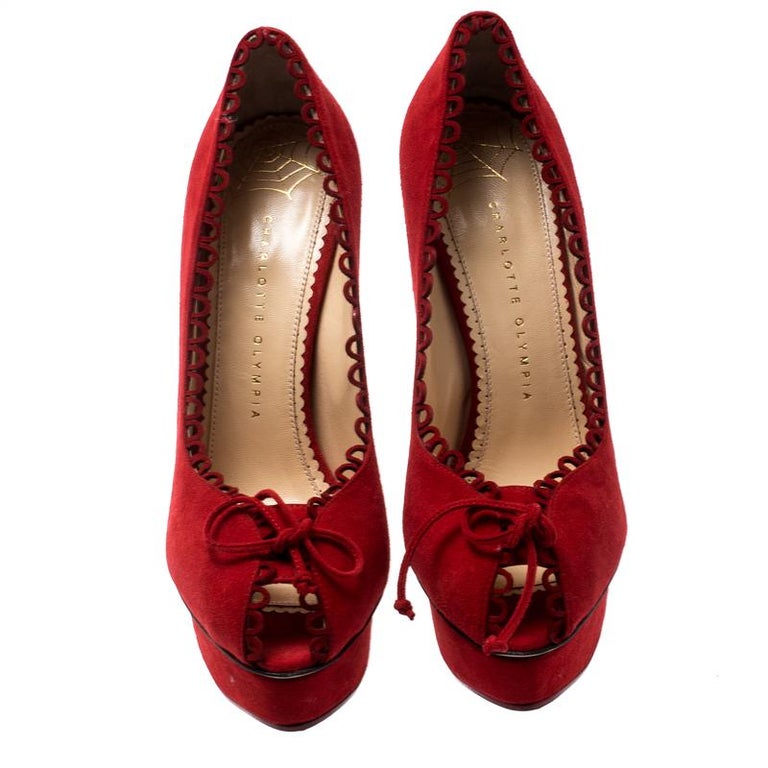 Charlotte Olympia Red Suede Daphne Scalloped Trim Platform Pumps Size ...