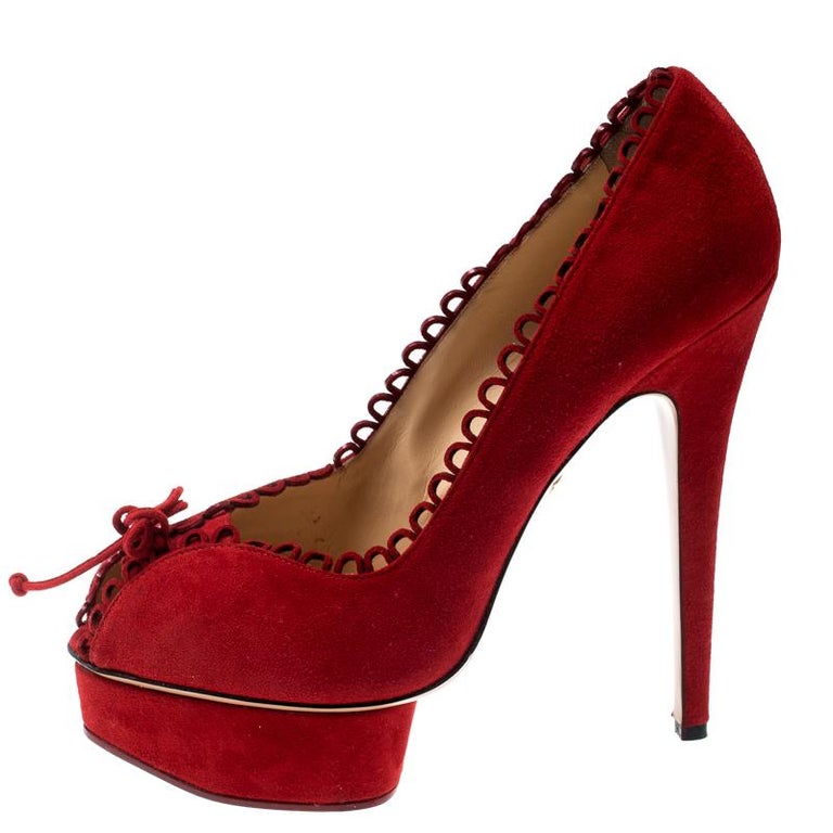 Charlotte Olympia Red Suede Daphne Scalloped Trim Platform Pumps Size ...