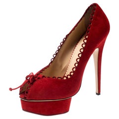 Charlotte Olympia Red Suede Daphne Scalloped Trim  Platform Pumps Size 40.5