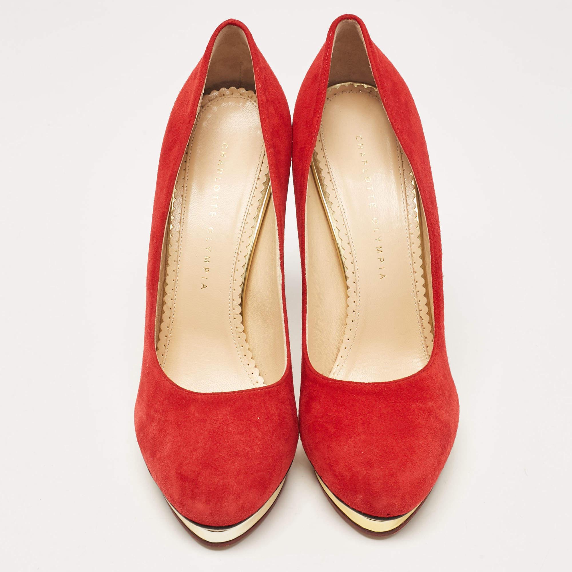 Charlotte Olympia Red Suede Dolly Platform Pumps 40.5 In New Condition For Sale In Dubai, Al Qouz 2