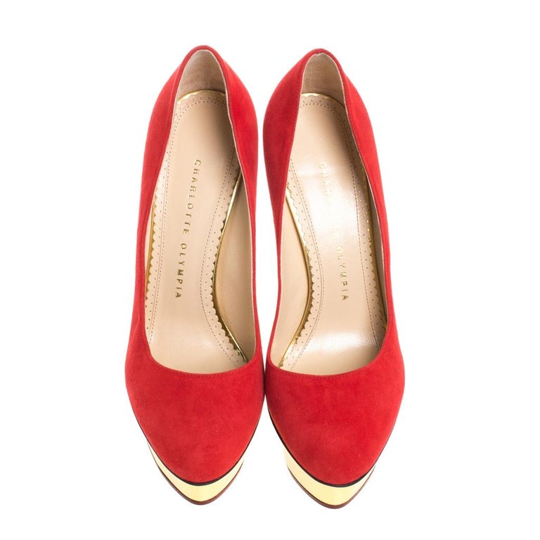 Charlotte Olympia Red Suede Dolly Platform Pumps Size 37 at 1stDibs