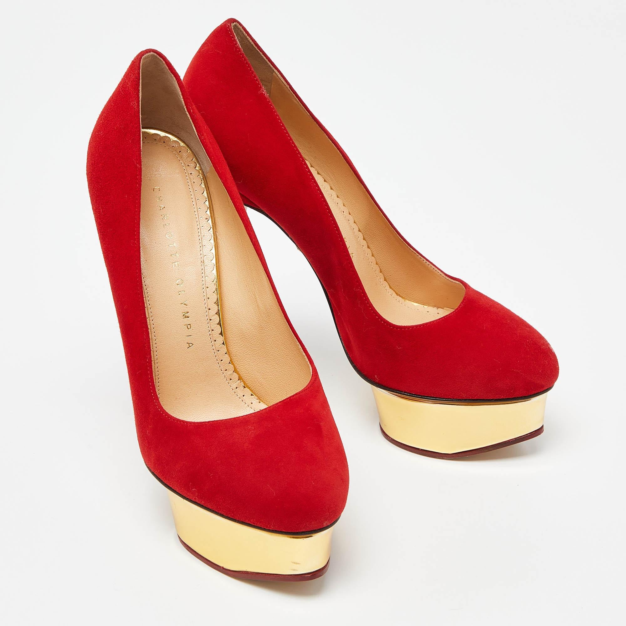 Women's Charlotte Olympia Red Suede Dolly Platform Pumps Size 37 For Sale