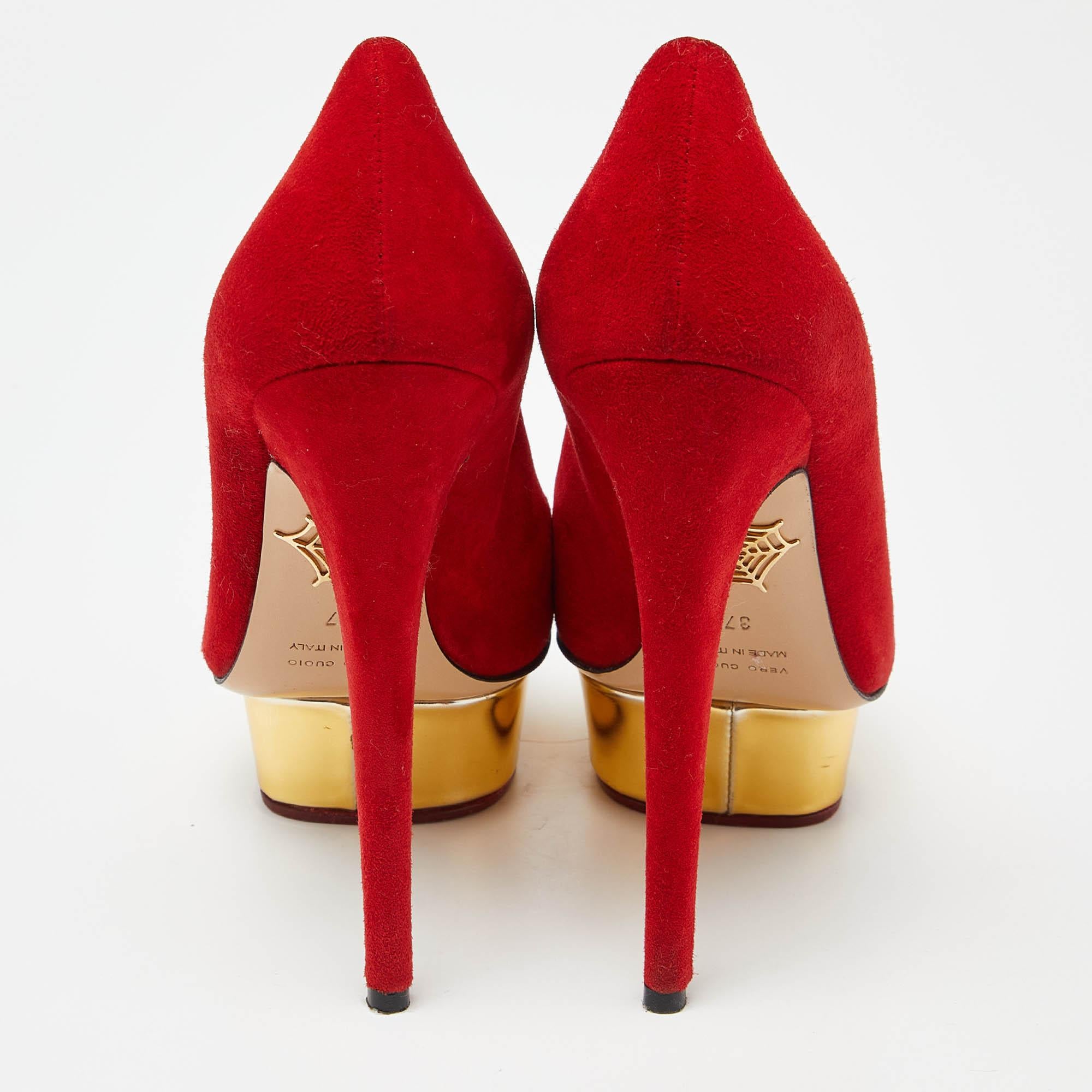 Charlotte Olympia Red Suede Dolly Platform Pumps Size 37 For Sale 1