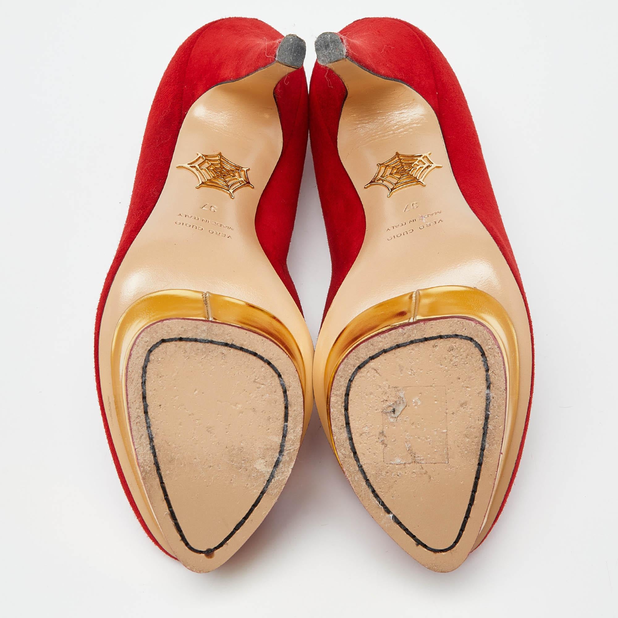 Charlotte Olympia Red Suede Dolly Platform Pumps Size 37 For Sale 2