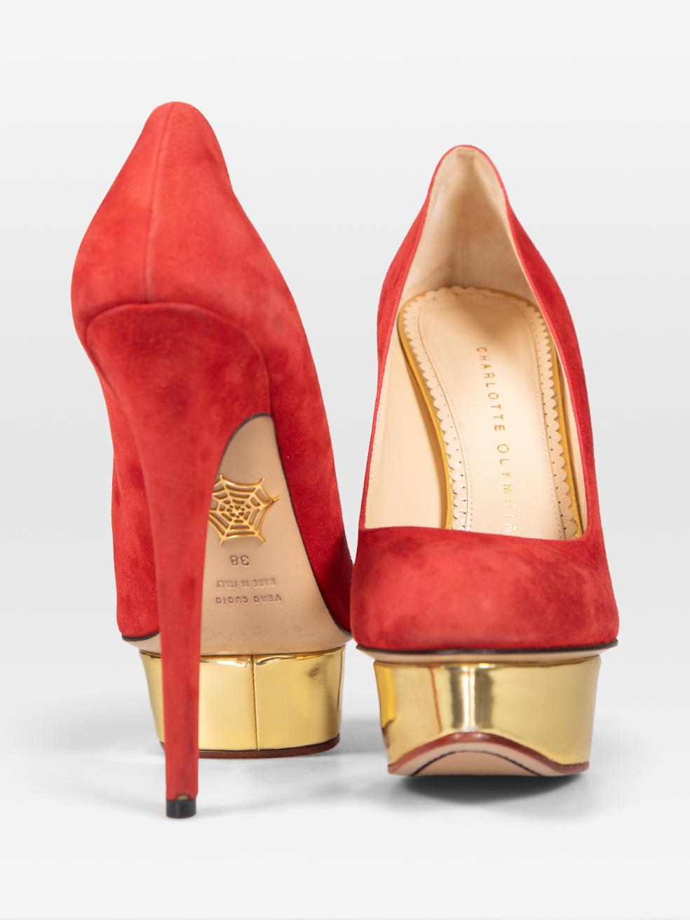 Orange Charlotte Olympia Red Suede Dolly Pumps Size IT 38 For Sale