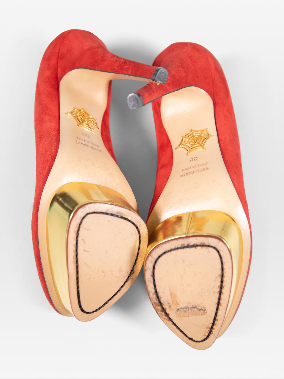 Charlotte Olympia Red Suede Dolly Pumps Size IT 38 In Good Condition For Sale In London, GB