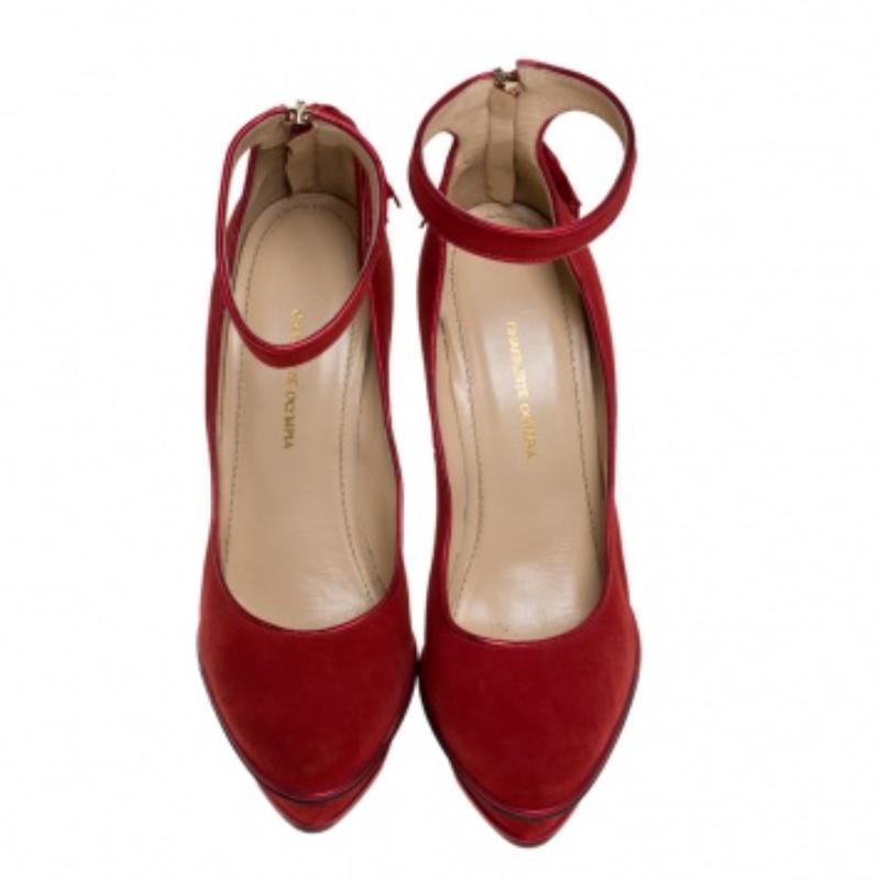 Charlotte Olympia Red Suede Dolores Ankle Strap Platform Pumps Size 37 Rojo en venta
