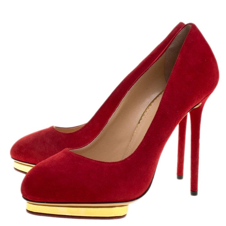 Charlotte Olympia Red Suede Dotty Platform Pumps Size 40.5 For Sale at ...