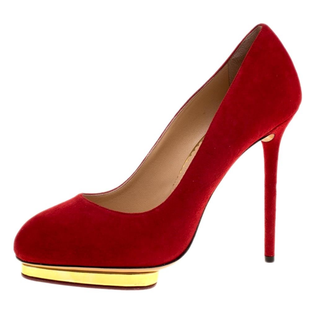Charlotte Olympia Red Suede Dotty Platform Pumps Size 40.5