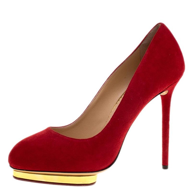 Charlotte Olympia Red Suede Dotty Platform Pumps Size 40.5 For Sale at ...