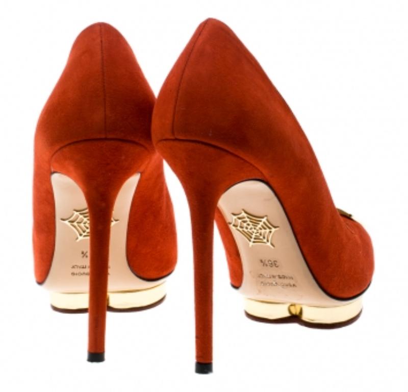 Brown Charlotte Olympia Red Suede Fairest Of Them All Platform Pumps Size 36.5 For Sale