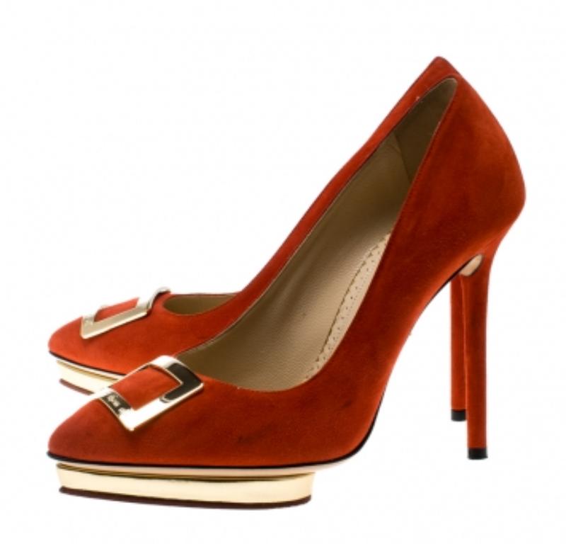 Charlotte Olympia Red Suede Fairest Of Them All Platform Pumps Size 36.5 For Sale 2
