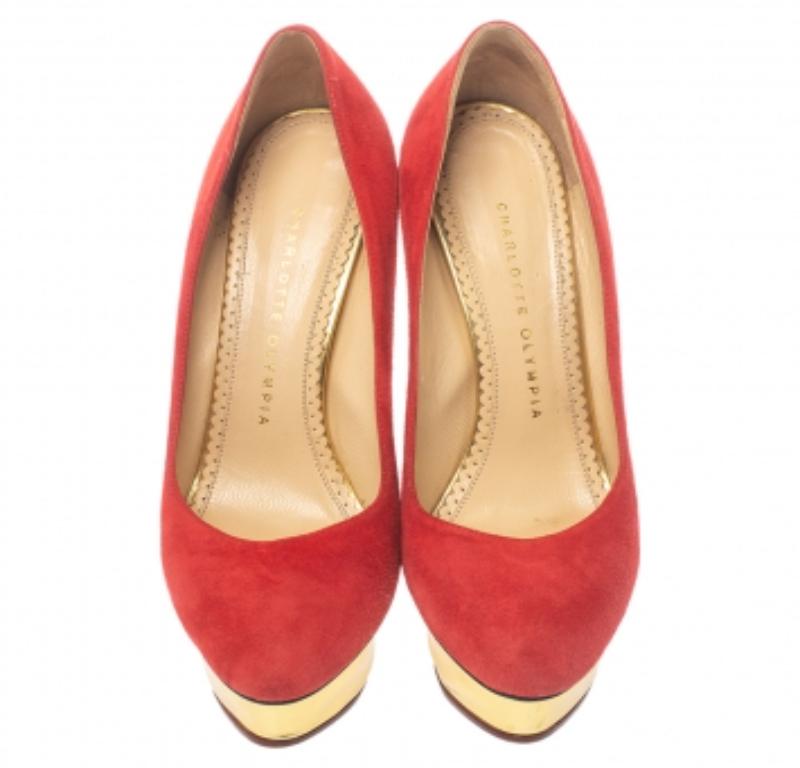Orange Charlotte Olympia Red Suede Leather Dolly Platform Pumps Size 37.5 For Sale