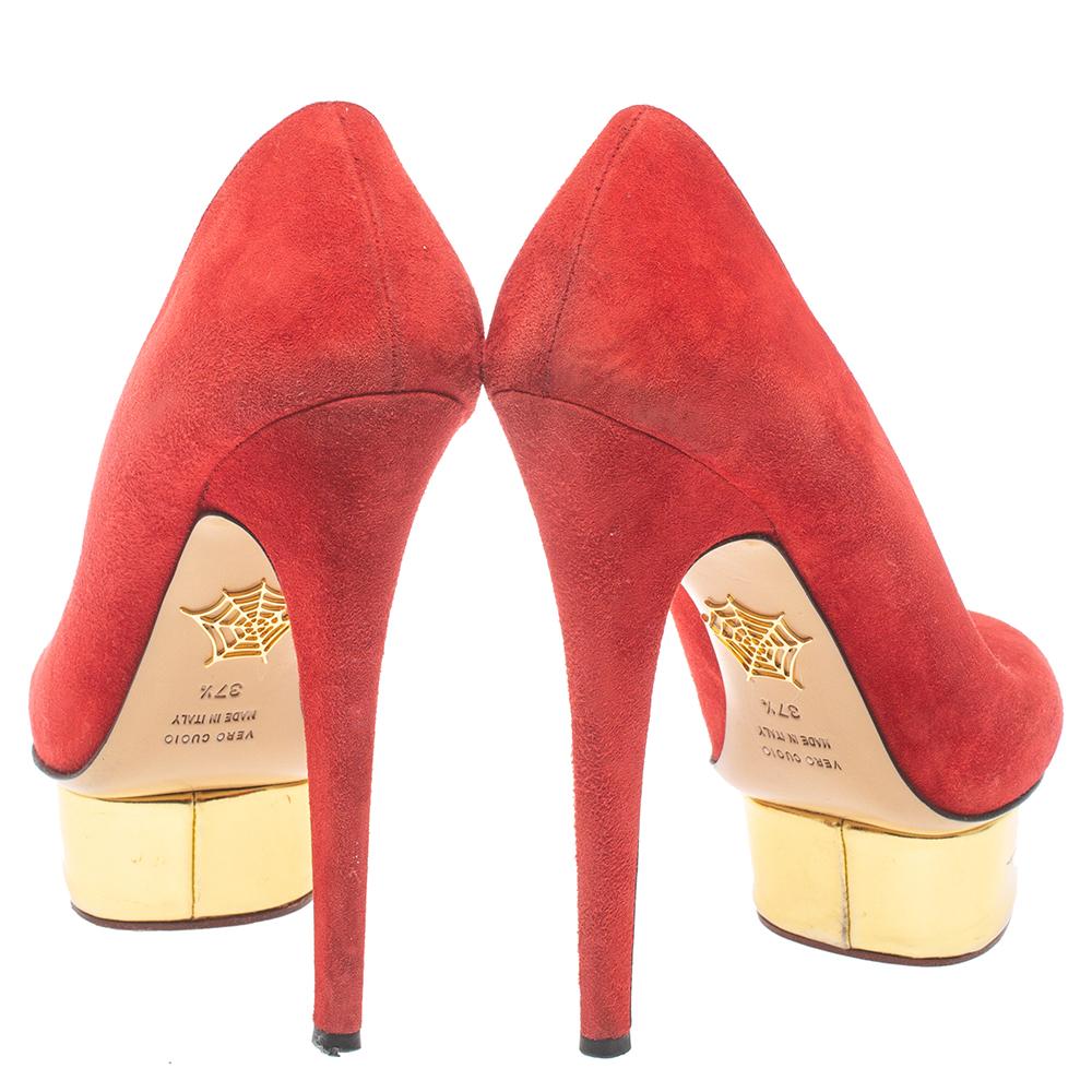 Orange Charlotte Olympia - Escarpins à plateforme Dolly en cuir et daim rouge, taille 37,5 en vente