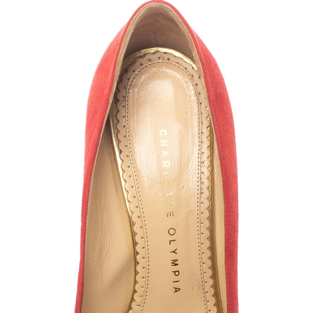 Orange Charlotte Olympia Red Suede Leather Dolly Platform Pumps Size 37.5 For Sale