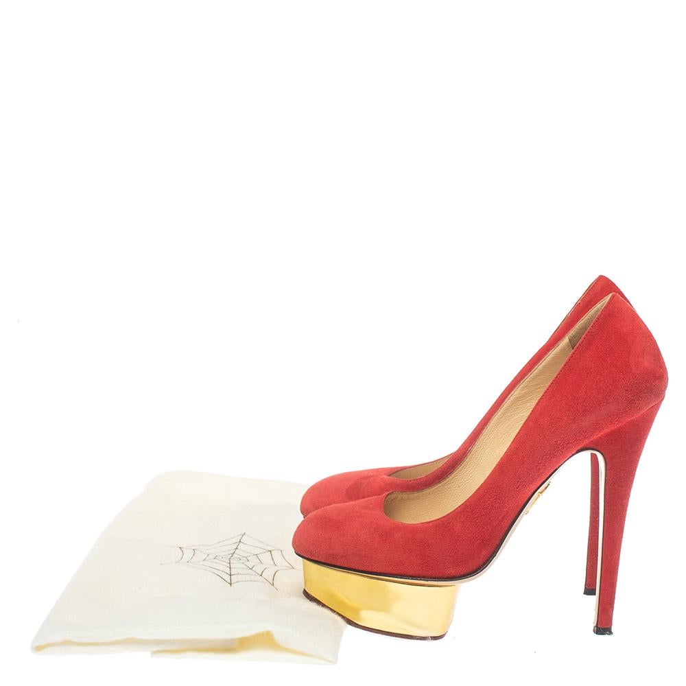 Women's Charlotte Olympia Red Suede Leather Dolly Platform Pumps Size 37.5 For Sale