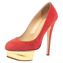 Charlotte Olympia Red Suede Leather Dolly Platform Pumps Size 37.5