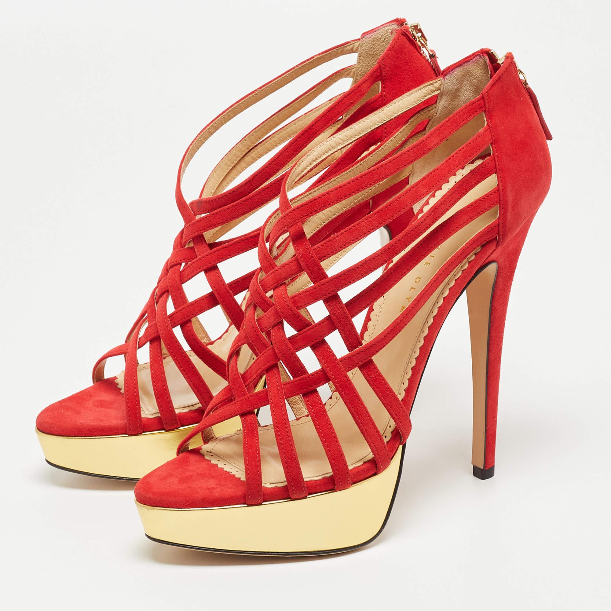Charlotte Olympia Red Suede Strappy Platform Sandals Size 40 For Sale 7