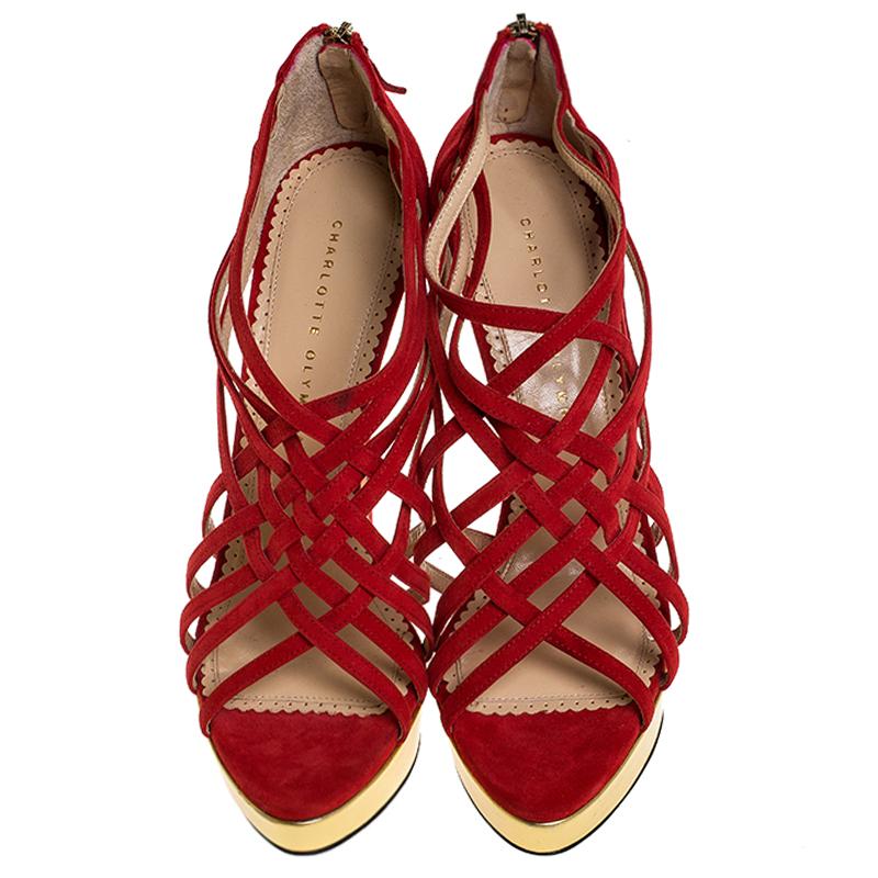 Charlotte Olympia Red Suede Strappy Platform Sandals Size 40 In New Condition In Dubai, Al Qouz 2
