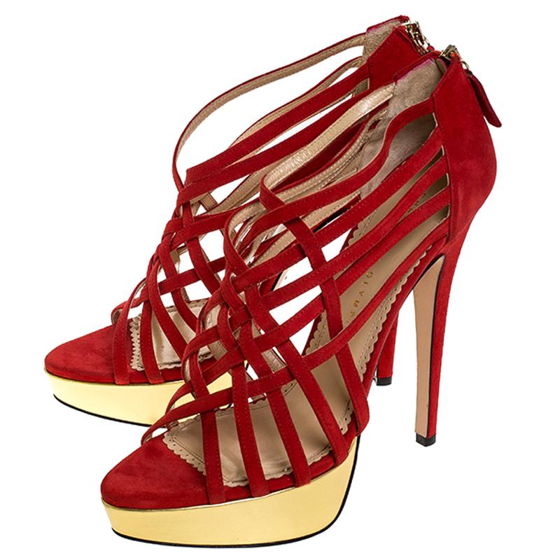 Charlotte Olympia Red Suede Strappy Platform Sandals Size 40 1