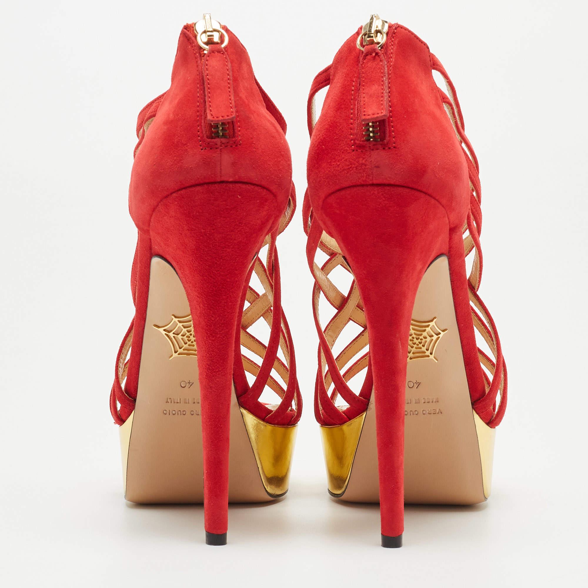 Charlotte Olympia Red Suede Strappy Platform Sandals Size 40 For Sale 1