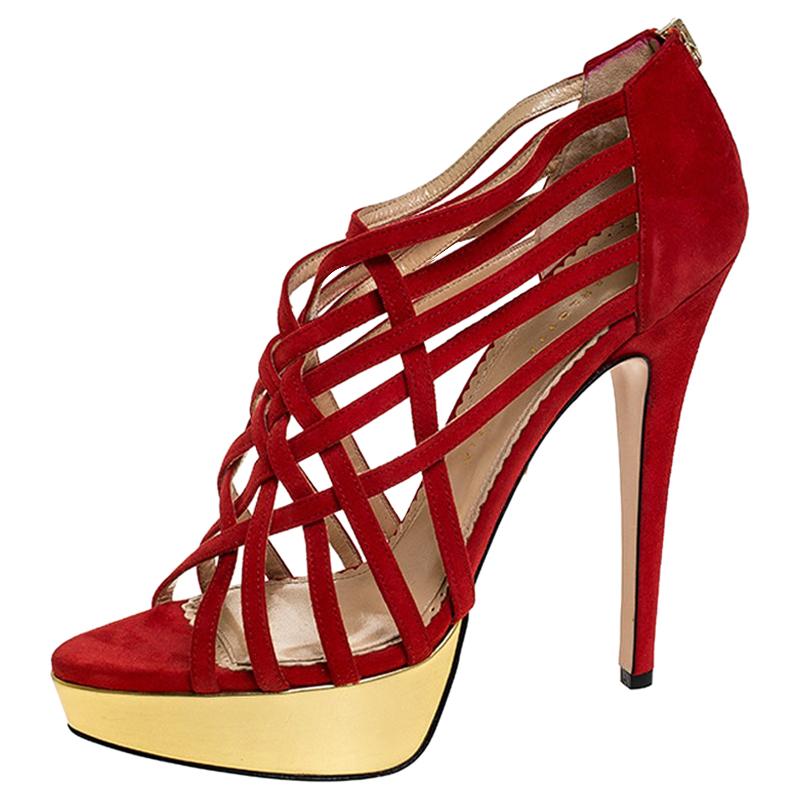 Charlotte Olympia Red Suede Strappy Platform Sandals Size 40